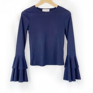 J.O.A. Navy Blue Ruffle Bell Sleeve Blouse